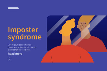 Imposter syndrome concept website. Mental psychological disorder. Doubt, low self-esteem. Male doubtful in skills, talents looking in mirror. Modern vector illustration
