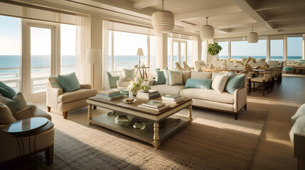 Sunrise Elegance: Coastal Lounge with Ocean View and Plush Comfort - Created using Generative AI