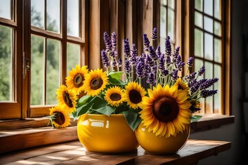 A bouquet of sunflower and lavender flowers, placed in a yellow ceramic vase, on a wooden surface, near an open window.,