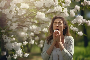 A female sneeze with a napkin in a booming cherry blossom woods in Spring due to pollen allergy. Spring seasonal concept. - obrazy, fototapety, plakaty