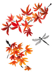 水墨画風の紅葉とトンボのイラスト © Sawango