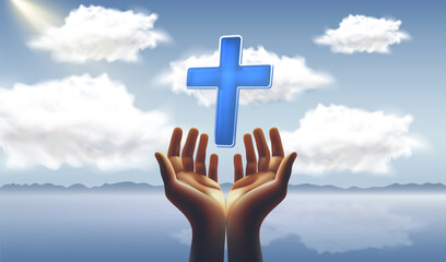 Religious card, hands on sunset background, Christian cross. Vector illustration