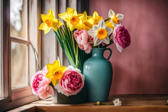 A bouquet of daffodil and peony flowers, placed in a pink ceramic vase, on a wooden surface, near an open window,
