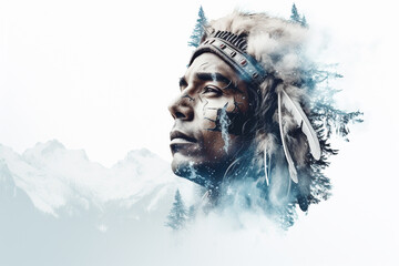Art double exposure of attractive native American man overlay with the nature, forrest and mountain. Isolated on white background. Copy space.