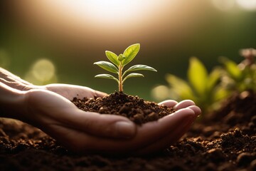 Nahaufnahme einer Hand, die eine Handvoll Erde hält, mit einer winzigen Pflanze, die aufwächst, und die das Wachstum und das Potenzial von Biomasse-Energiequellen repräsentiert. - obrazy, fototapety, plakaty