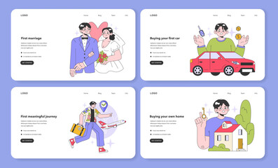 Youth and adulthood years web banner or landing page set. Life milestones. Young male character getting old and gain new experience. Flat vector illustration
