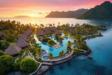 Aerial view of luxury hotel and resort at sea beach in tropical sea at sunset with beautiful colors. - 673829810