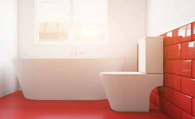 Clean and fresh bathroom with natural light. 3D rendering.. Sunset.