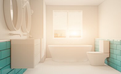 Scandinavian bathroom, classic  vintage interior design. 3D rendering.. Sunset.