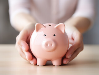 Hands holding piggy bank isolated on white background