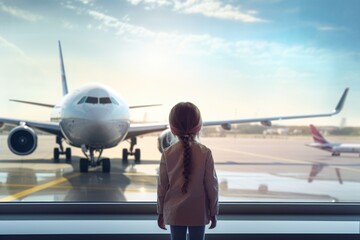 Back view of a little girl standing in front of a window with a giant airplane parking outside in airport in a trip. Vacation travel concept.