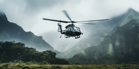 A helicopter fly in air with high mountain fog and rainforest. Outdoor travel concept.