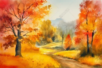 Rolgordijnen Autumn landscape in watercolor. Generative AI © Sable