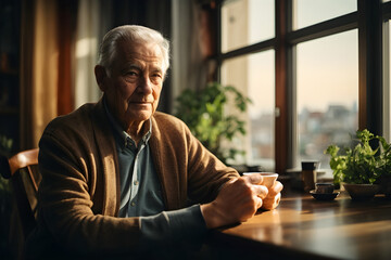 portrait of a old man with a cup of coffee