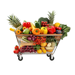 Shopping cart full of fruits and vegetables in grocery isolated on transparent background (png)