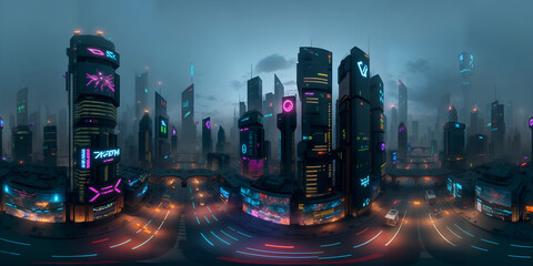 Panaromic Cyberpunk Sky 360 degree - generative ai, üretken, yapay zeka - obrazy, fototapety, plakaty