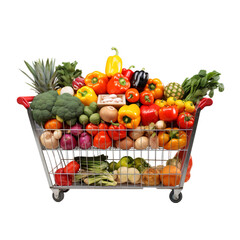 Shopping cart full of fruits and vegetables isolated on transparent background