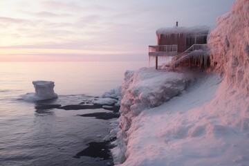 A cabin on cliff by sea in winter forest covered by heavy snow and ice. Winter seasonal concept.