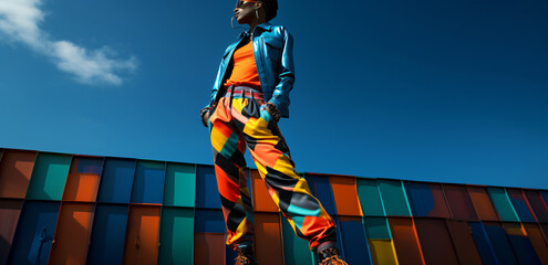 a cool black punk girl in rainbow colors with crazy mohawk hairstyle in front of a colorful abstract urban background