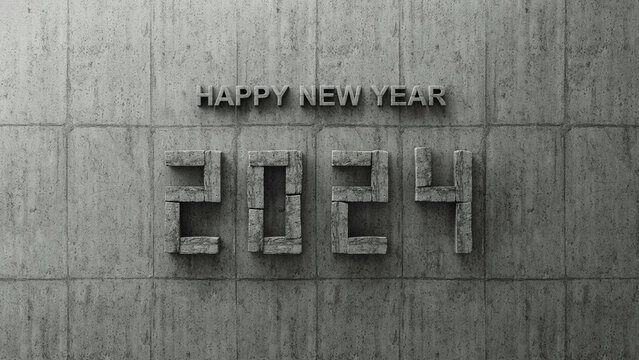 Happy new year 2024 in concrete numbers on concrete wall 