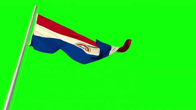 flag of Paraguay is waving on heavy wind on chroma key screen, isolated