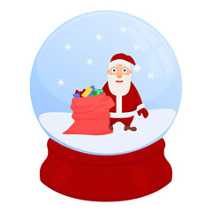 Christmas snow globe with Santa Claus and bag of gifts. Vector Christmas snow globe. Winter