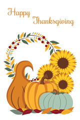 Thanksgiving postcard with pumpkins, sunflowers, berries and wreath. Autumn seasonal traditional holiday. Colorful vector illustration.