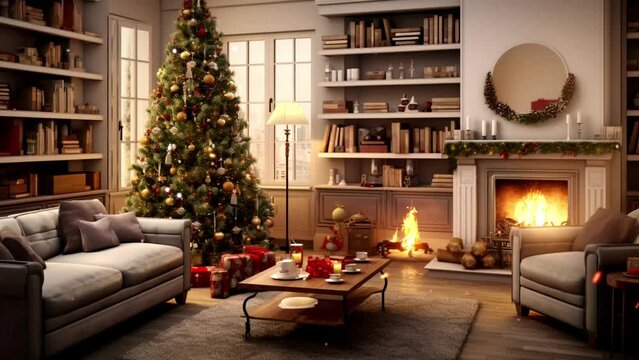 living room with christmas tree, seamless looping video background animation, cartoon anime style
