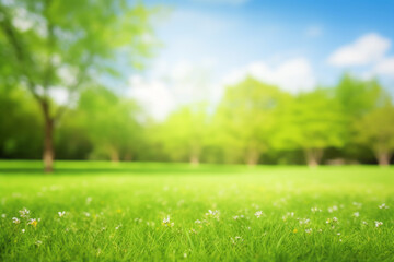 Spring natural field meadow photographed with blur. The buds of plants and the branches and leaves of trees are growing smoothly. Wide copy space suitable for product backgrounds and web advertisement - obrazy, fototapety, plakaty