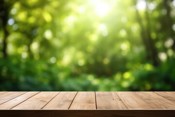 A wood table top with beautiful blue bokeh background. Spring seasonal concept.