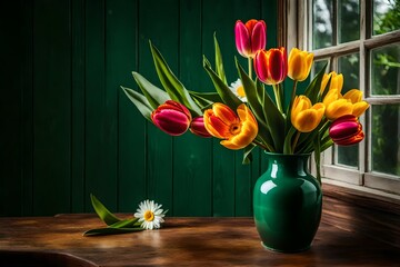 A bouquet of tulip and daisy flowers, placed in a lush emerald green ceramic vase, on a wooden surface, near an open window.