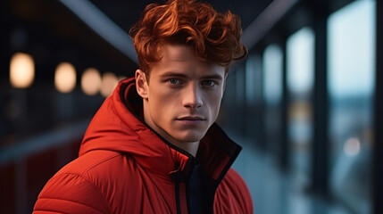 Portrait of a young man with a serious and calm look at the camera. Thin and redhead. He is wearing an orange jacket and is in a hallway with a window on one side. Image with complementary tones - obrazy, fototapety, plakaty