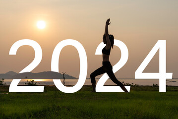 Happy new year card 2024. Silhouette lifestyle woman yoga