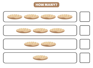 How many bread are there? Educational worksheet design for children. Counting game for kids.