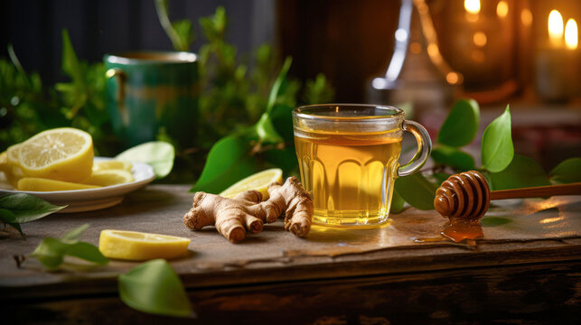 Advertising shot of cup of green tea with ginger mint leaves on the table. Honey and cozy atmosphere. High quality photo