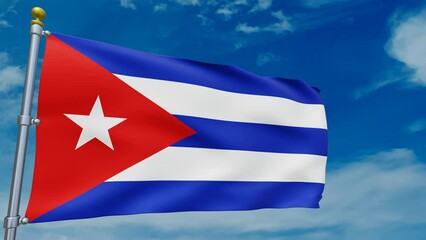 Cuban flag fluttering in the wind on blue sky background, symbol of the country of Cuba. 3d rendering