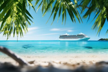 Luxury cruise ship in sea with palm tree and sand beach. Vacation travel concept.