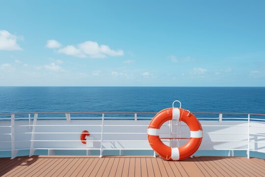 Luxury cruise ship deck view with red lifebuoy on fense in sea. Vacation travel concept.