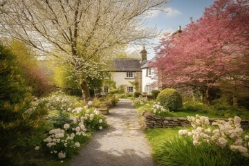 Fototapeta na wymiar Lush spring garden with blooming trees in Wales. Generative AI