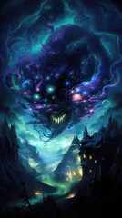 Fantasy landscape with a monster in the sky