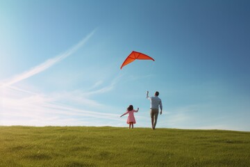 Father and daughter fly a kite. - obrazy, fototapety, plakaty