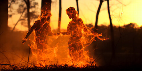 Fiery flaming silhouettes of man and woman against the background of a orange sunset forest. Fiery...