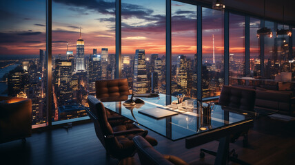 luxury business office in the skyscraper with magnificent view on megapolis on sunset. corporate business. global trading. finance investment - obrazy, fototapety, plakaty