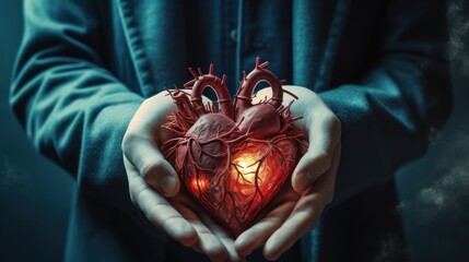 Hands hold human heart, 3D illustration. Abstract concept of love, hope, charity and healthcare. 