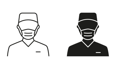 Surgeon Man Line and Silhouette Black Icons. Professional Surgeon Doctor Symbol Collection. Plastic Surgery Specialist in Medical Mask, Hospital Staff Pictogram Set. Isolated Vector Illustration - obrazy, fototapety, plakaty