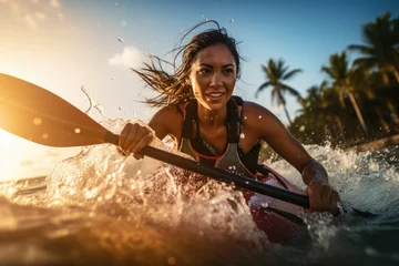 Foto op Canvas Close-up view of a girl rowing a canoe in sea. Water sports. Summer tropical vacation concept. © rabbit75_fot