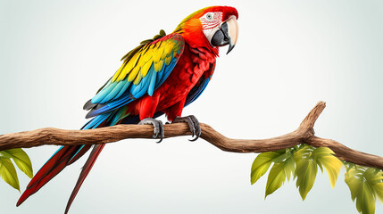 Colorful macaw parrot perched on a tree on white background. made with generative ai
