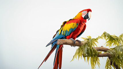 Colorful macaw parrot perched on a tree on white background. made with generative ai
