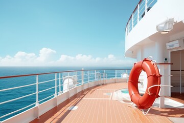 Luxury cruise ship deck view with red lifebuoy on fense in sea. Vacation travel concept.