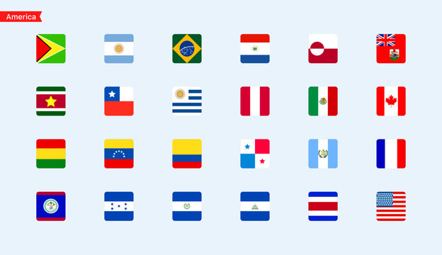 Flags of the countries of the America continent. Isolated square flags of America countries. Color flags of countries. Vector icons